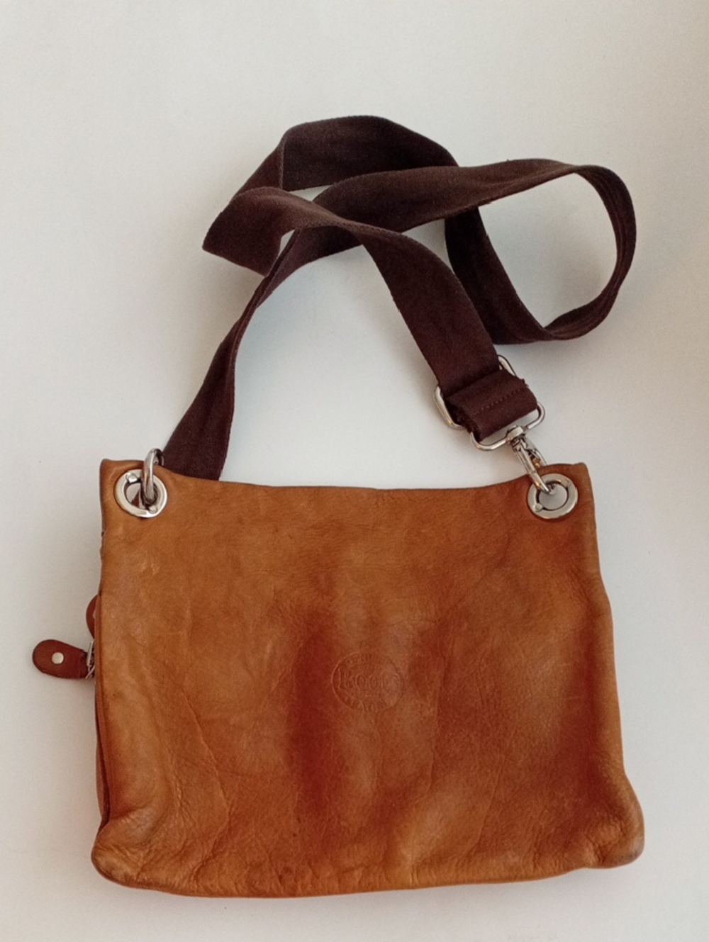 Roots Iconic Village Tribe Leather Embossed Crossbody Adjustable Strap Tan Bag - Picture 4 of 16